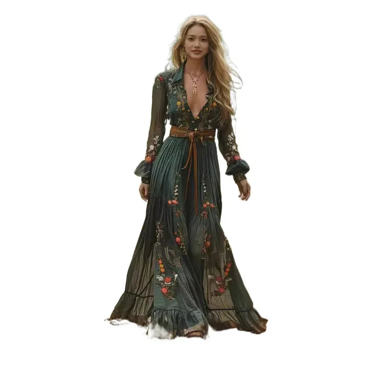 Women's Bohemian Print Beach Dress - Ethnic Vacation Maxi Dress