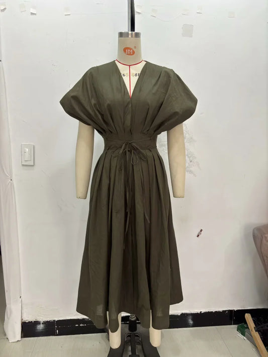 Women's Vintage V-Neck Midi Dress - Pleated Lace-Up Party Dress