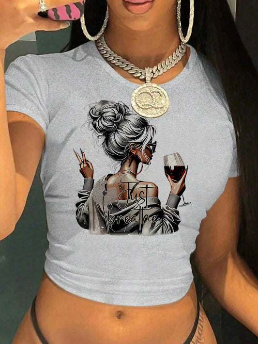 Women's Artistic Wine Print Crop Top - Chic Short Sleeve T-Shirt