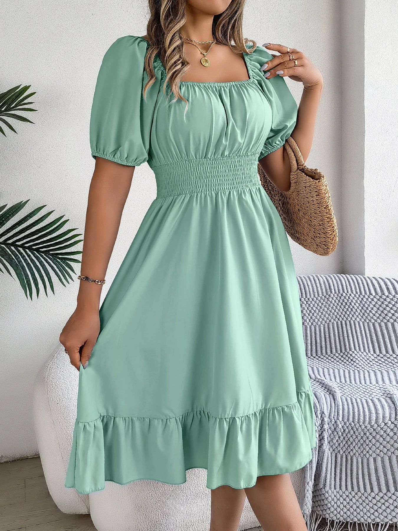 Women's Square Neck Maxi Dress - High Waist Ruffled Short Sleeve Dress