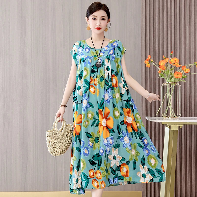 Women's Plus Size Summer Dress - Loose O-Neck Cotton Print Dress