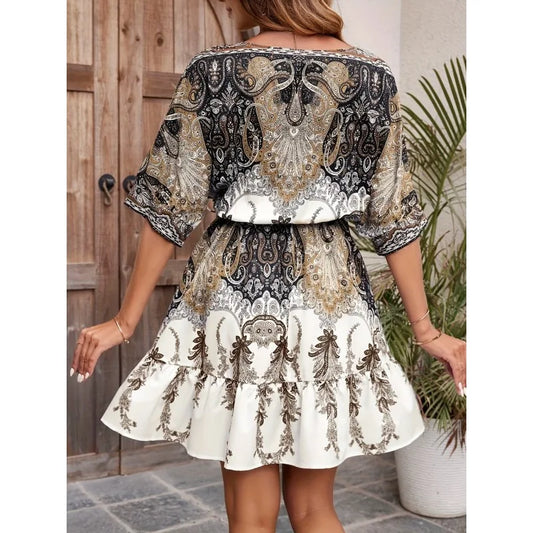 Women's Bohemian Print Mini Dress - V-Neck A-Line Party Dress