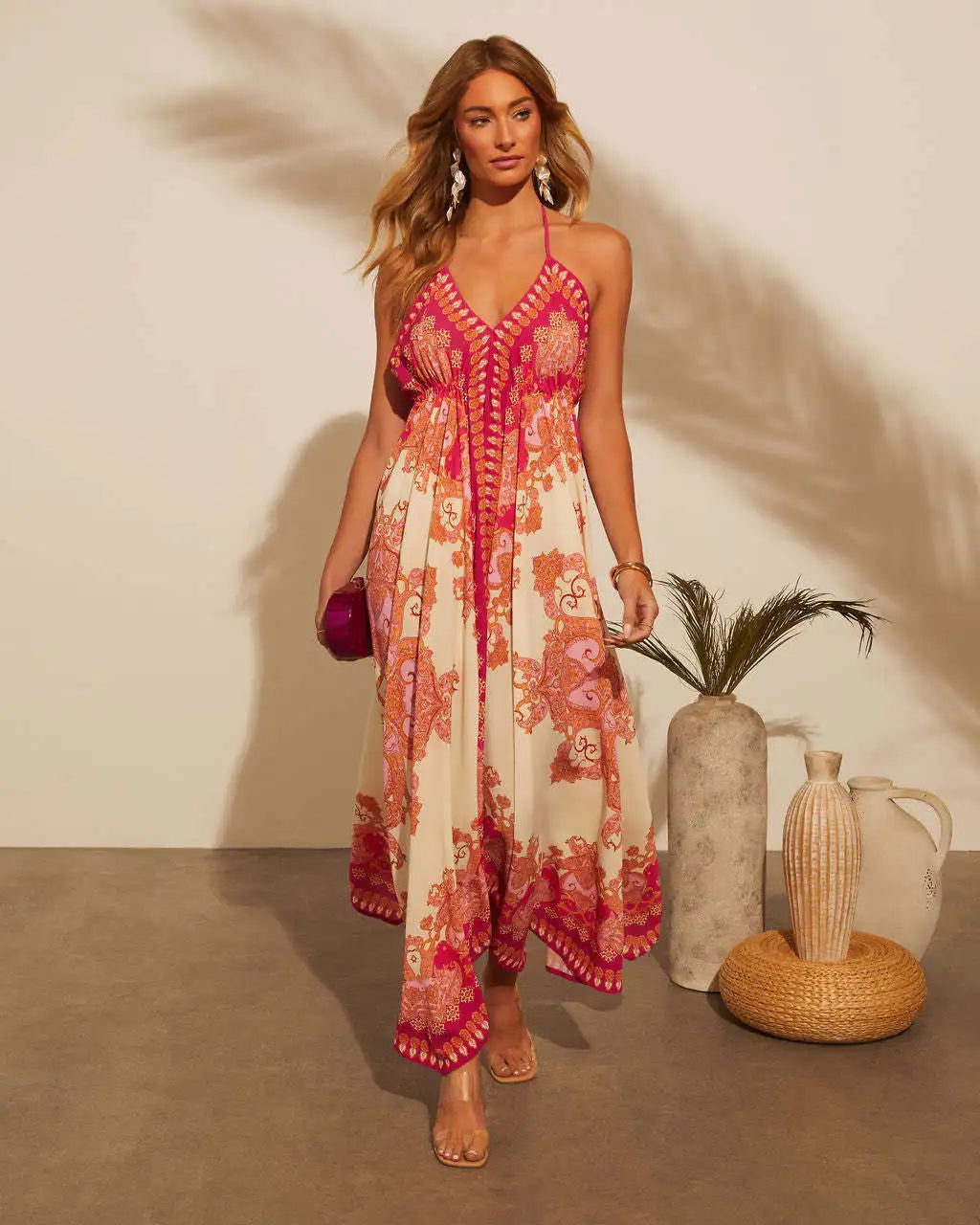 Women's Halter Backless Maxi Dress - Printed Bohemian Beach Dress