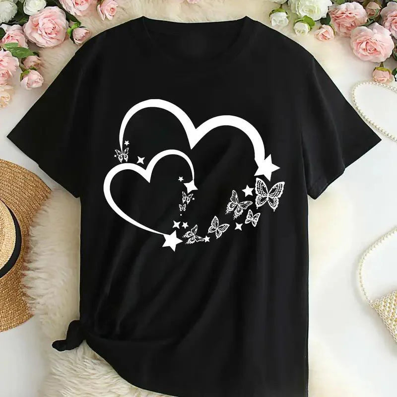 Women's Heart Print T-Shirt - Oversized Summer Cotton Top