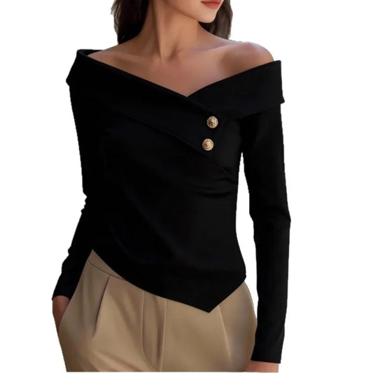 Women's Off-Shoulder Asymmetric Blouse - Slim Fit Long Sleeve Top