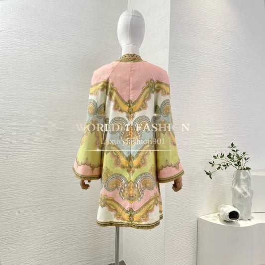 Women's Vacation Beach Style 2026 Multi Color Paisley Print Long Sleeve V-neck Mini Dress for Holiday
