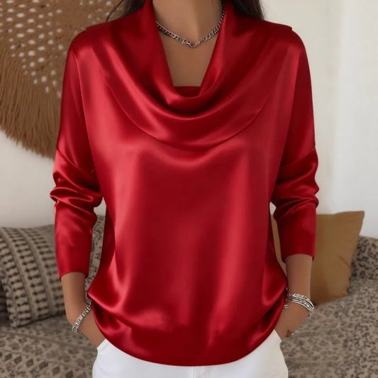 Women's Satin Swing Collar Shirt - Versatile Long Sleeve Blouse