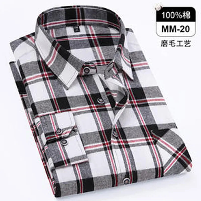 Men 100% Cotton Long Sleeve Plaid Shirt - Plus Size