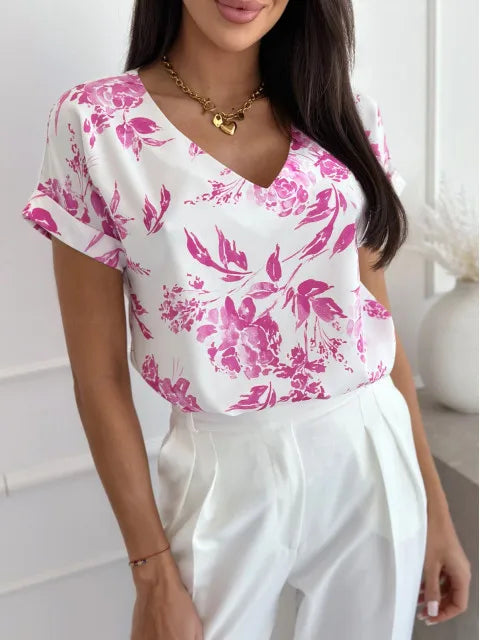 Women's Floral Print V-Neck T-Shirt - Casual Short Sleeve Top
