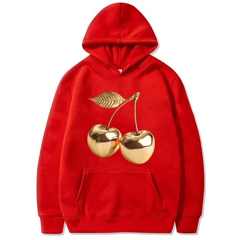 Women's Golden Cherry Print Hoodie - Vintage 90s Sweatshirt