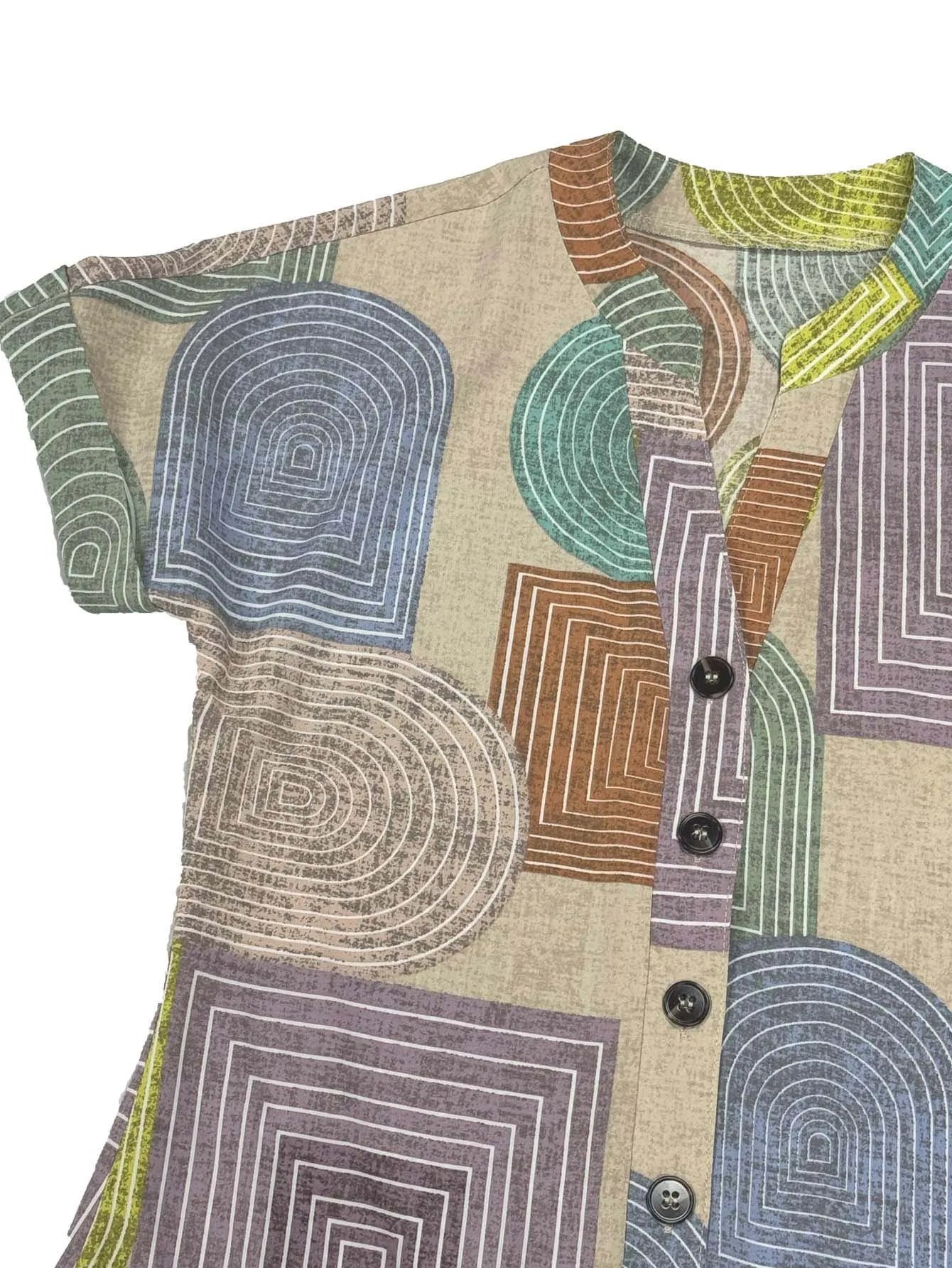 Women's Elegant V-Neck Button-Up Dress Summer Geometric Print Comfortable Fashionable