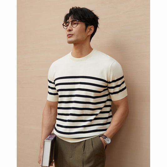 Summer New Short-sleeved Knitted Sweater Men's Striped Light Luxury Business Casual