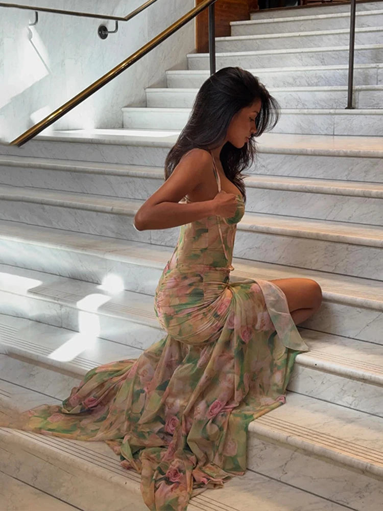 Women's Floral Spaghetti Strap Maxi Dress - Backless High Split Party Dress