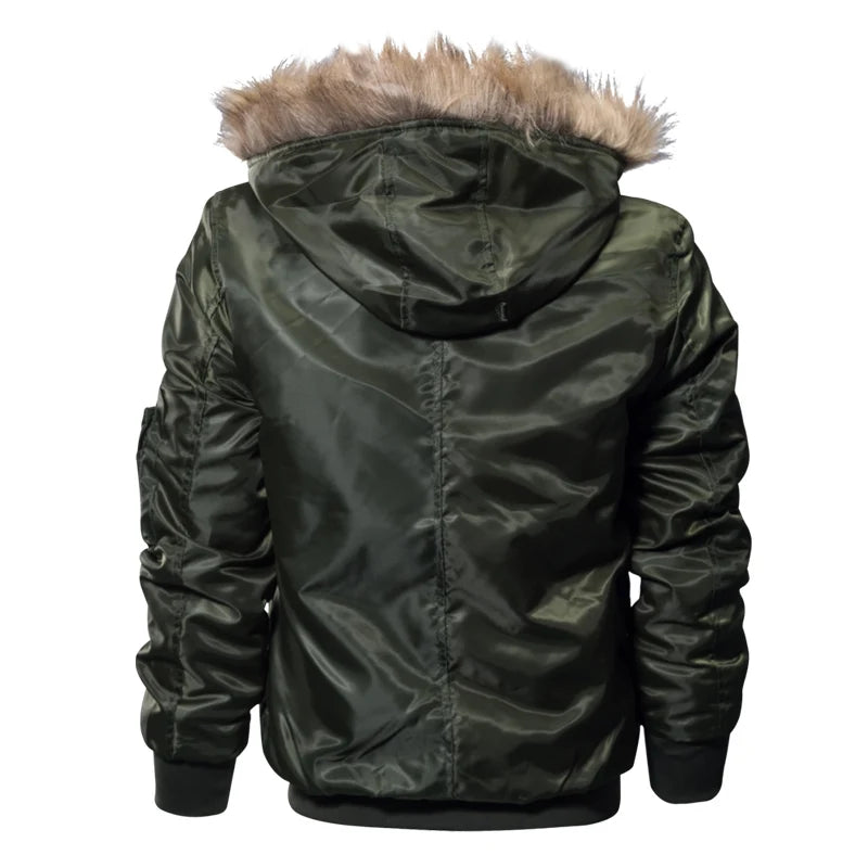 Men Hooded Military Bomber Jacket With Wool Lining