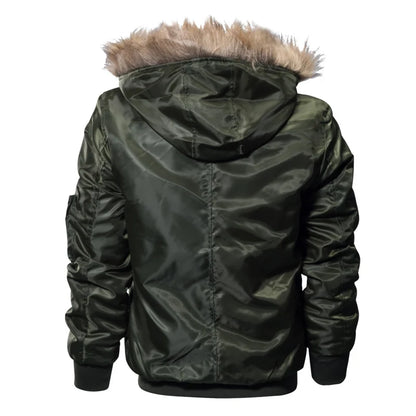 Men Hooded Military Bomber Jacket With Wool Lining