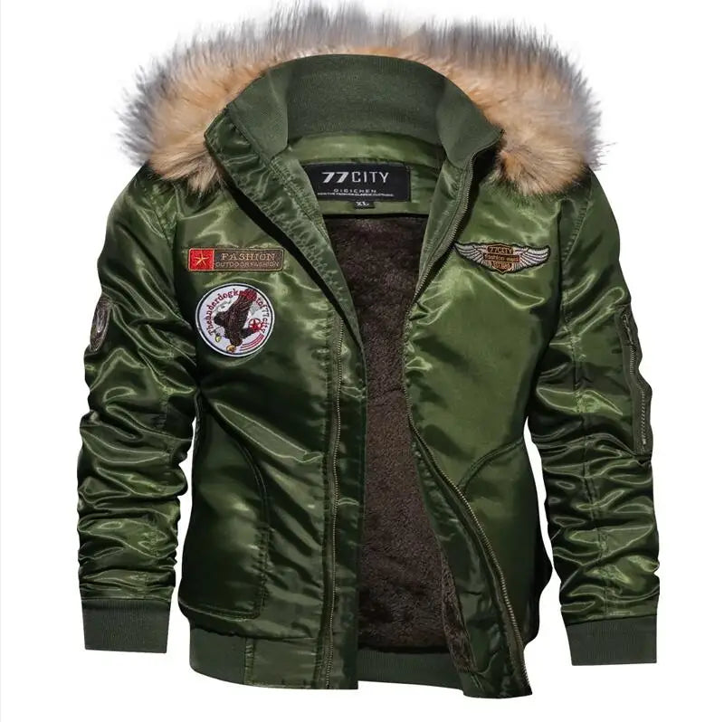 Men Hooded Military Bomber Jacket With Wool Lining