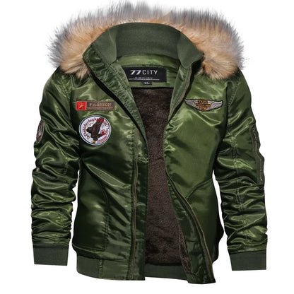 Men Hooded Military Bomber Jacket With Wool Lining