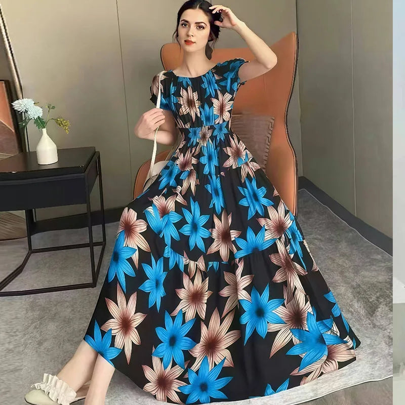 Bohemian Long Dress Summer Fashion One-Shoulder Floral Cotton Silk Elastic Waist Beach Skirt Vintage Ethnic Style Short Sleeve