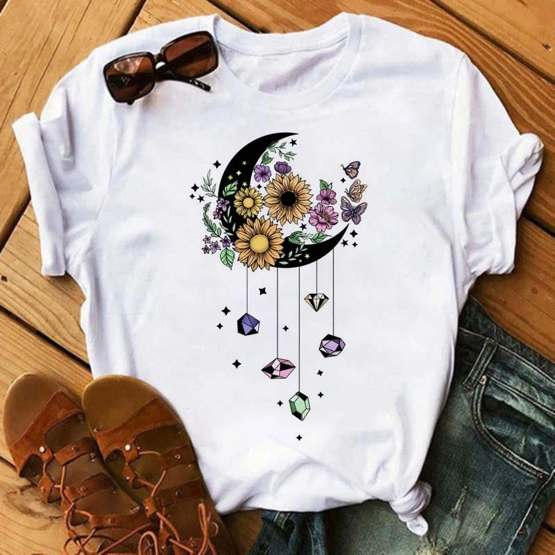 Women's Sunflower & Dragonfly Print T-Shirt - Oversized Summer Top