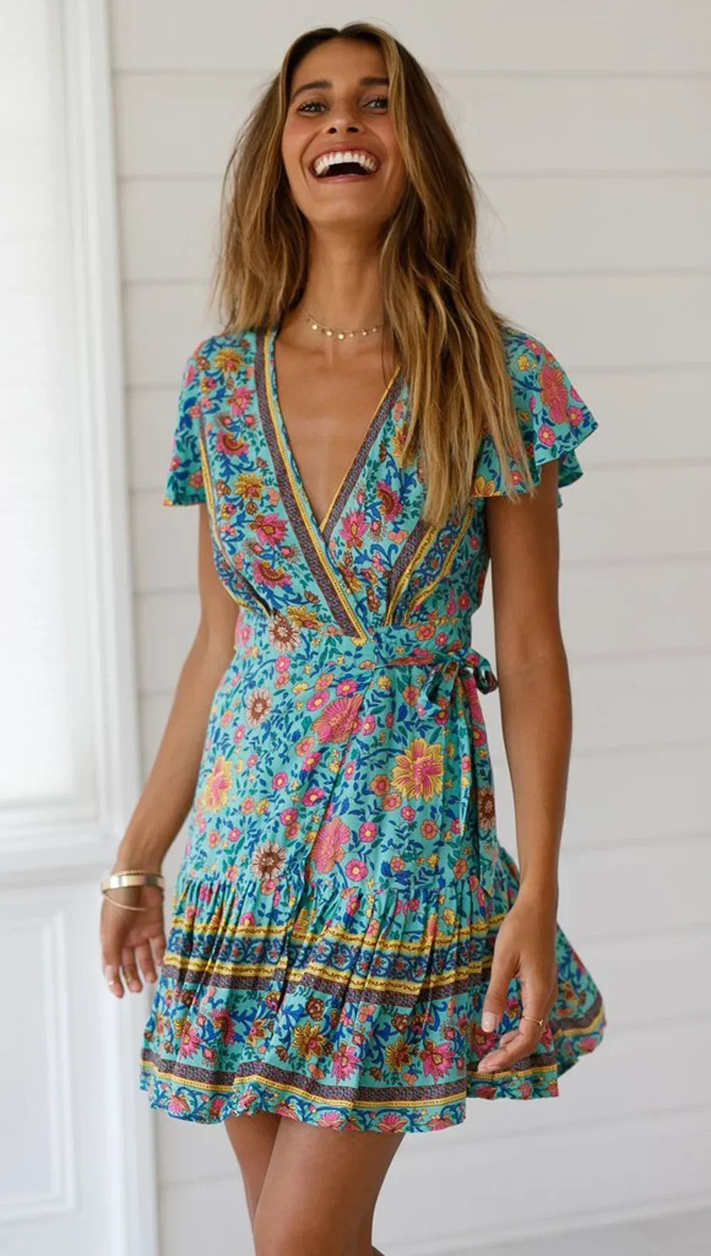 Women's Floral V-Neck Mini Dress - Short Sleeve Wrap Boho Sundress