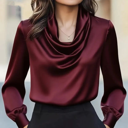 Women's Solid Color Swing Collar Shirt - Elegant Long Sleeve Blouse