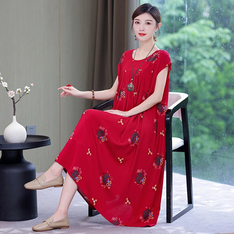 Women's Plus Size Summer Dress - Loose O-Neck Cotton Print Dress