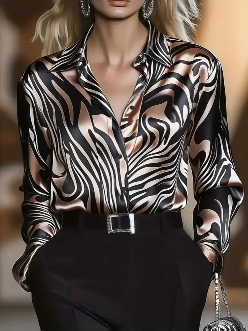 Women's Zebra Print Satin Shirt - Elegant Long Sleeve Office Blouse