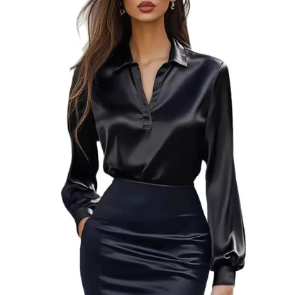 Women's Satin Long Sleeve Shirt - Elegant Swing Collar Blouse