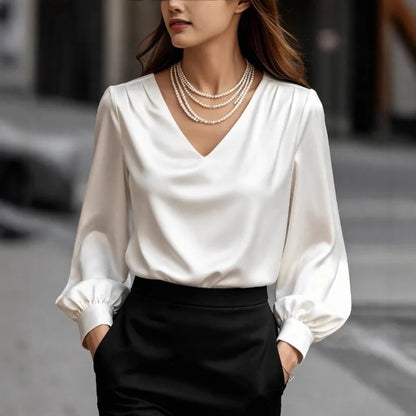 Women's V-Neck Puff Sleeve Satin Shirt - Loose Work Blouse