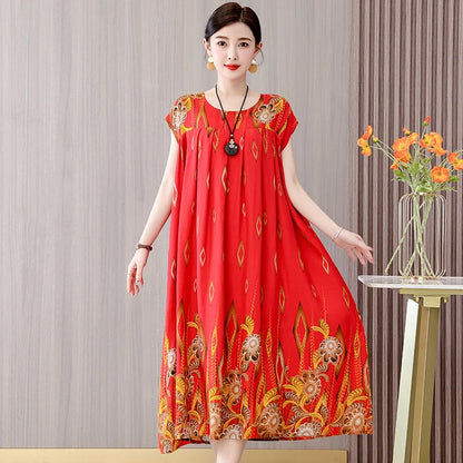 Women's Plus Size Summer Dress - Loose O-Neck Cotton Print Dress