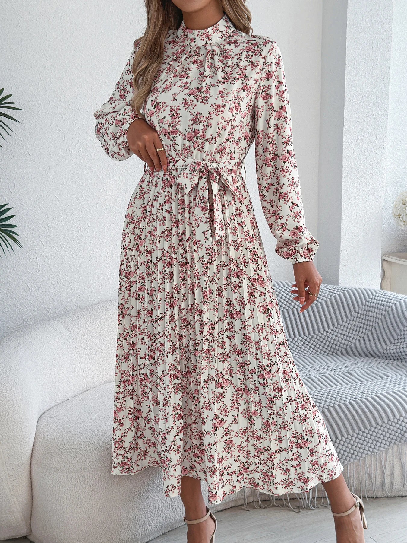 Women's Floral Stand Collar Bridesmaid Dress - Long Sleeve Pleated Midi Dress