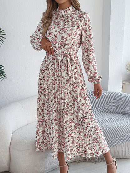 Women's Floral Stand Collar Bridesmaid Dress - Long Sleeve Pleated Midi Dress