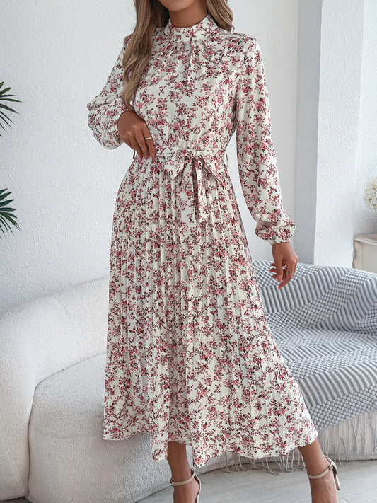 Women's Floral Stand Collar Bridesmaid Dress - Long Sleeve Pleated Midi Dress