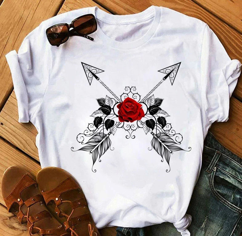Women's 3D Rose Print T-Shirt - Casual Summer Cotton Top