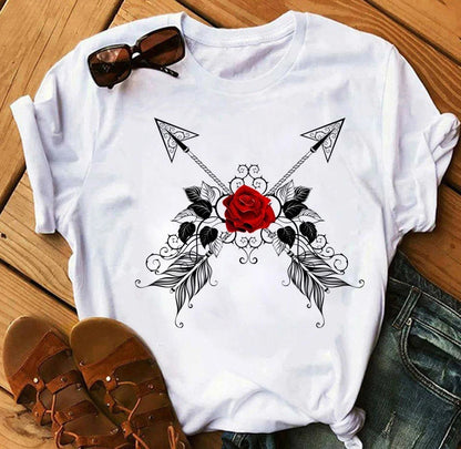 Women's 3D Rose Print T-Shirt - Casual Summer Cotton Top