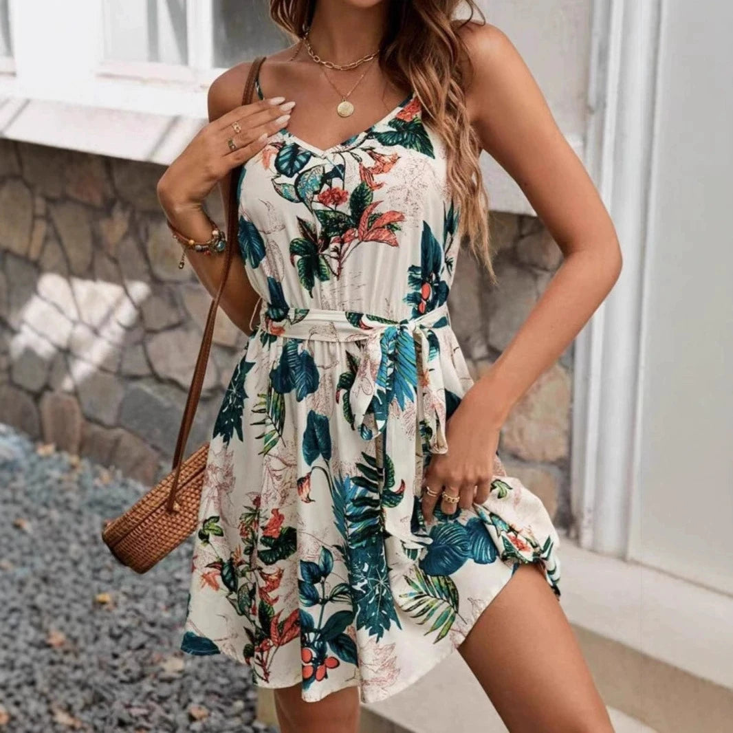 Women's Tropical Print Beach Dress - Backless Bridesmaid Dress with Belt