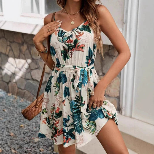 Women's Tropical Print Beach Dress - Backless Bridesmaid Dress with Belt