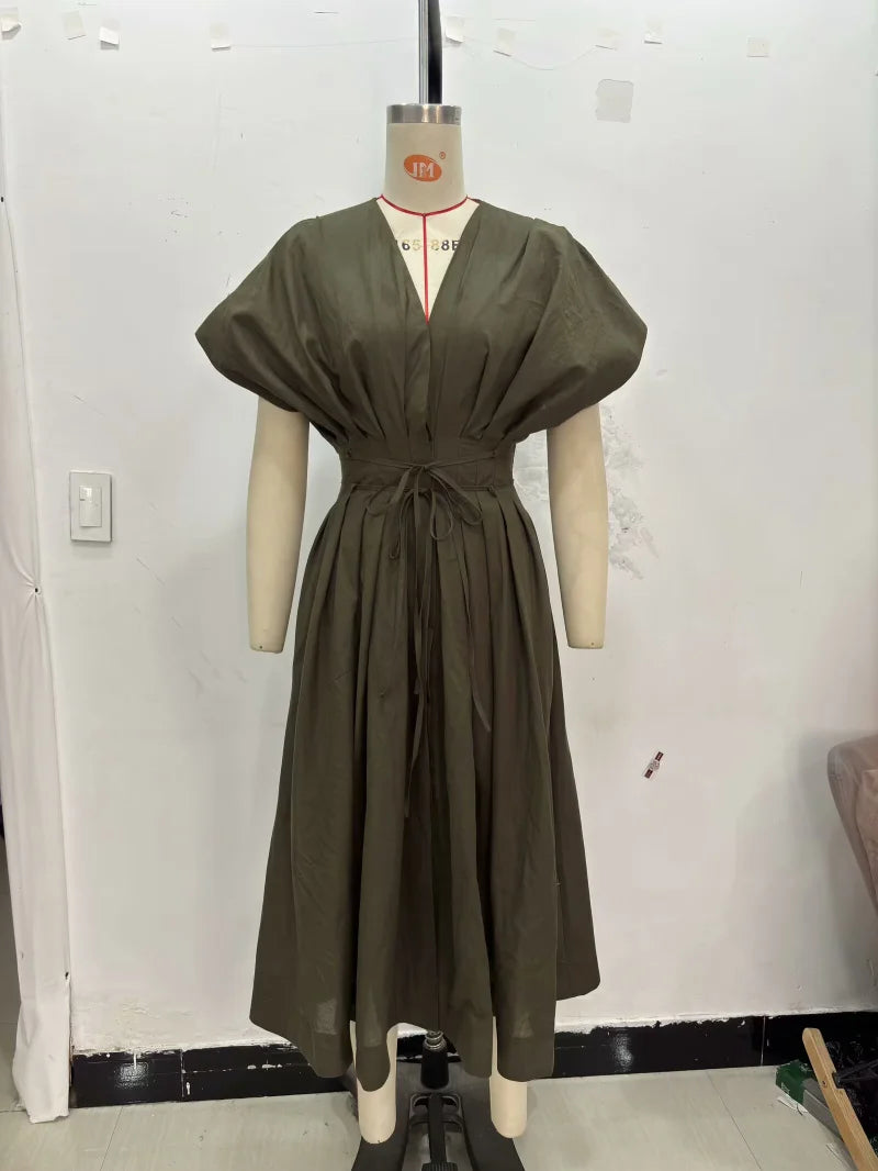 Women's Vintage V-Neck Midi Dress - Pleated Lace-Up Party Dress