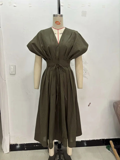 Women's Vintage V-Neck Midi Dress - Pleated Lace-Up Party Dress