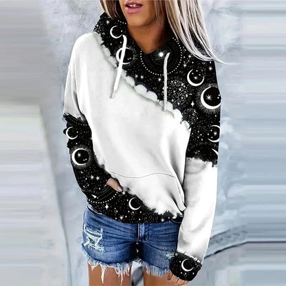 Women's Moon Print Drawstring Hoodie - Casual Long Sleeve Sweatshirt