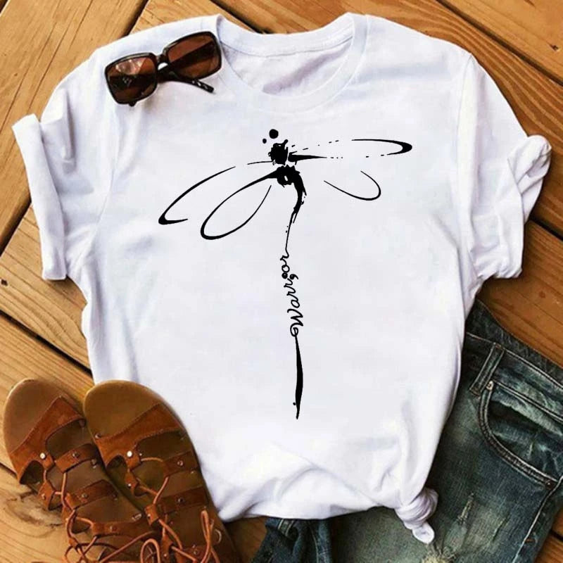 Women's Sunflower & Dragonfly Print T-Shirt - Oversized Summer Top