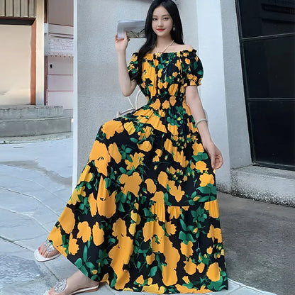 Bohemian Long Dress Summer Fashion One-Shoulder Floral Cotton Silk Elastic Waist Beach Skirt Vintage Ethnic Style Short Sleeve
