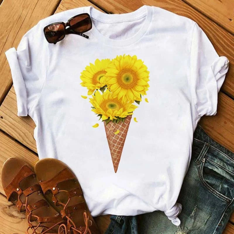 Women's Sunflower & Dragonfly Print T-Shirt - Oversized Summer Top