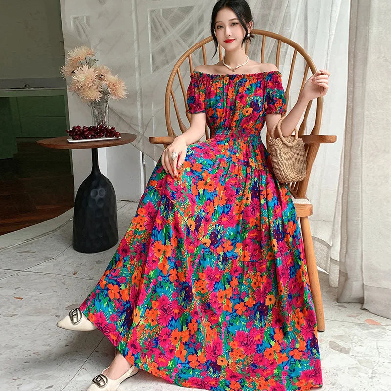 Bohemian Long Dress Summer Fashion One-Shoulder Floral Cotton Silk Elastic Waist Beach Skirt Vintage Ethnic Style Short Sleeve