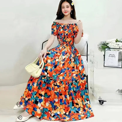 Bohemian Long Dress Summer Fashion One-Shoulder Floral Cotton Silk Elastic Waist Beach Skirt Vintage Ethnic Style Short Sleeve