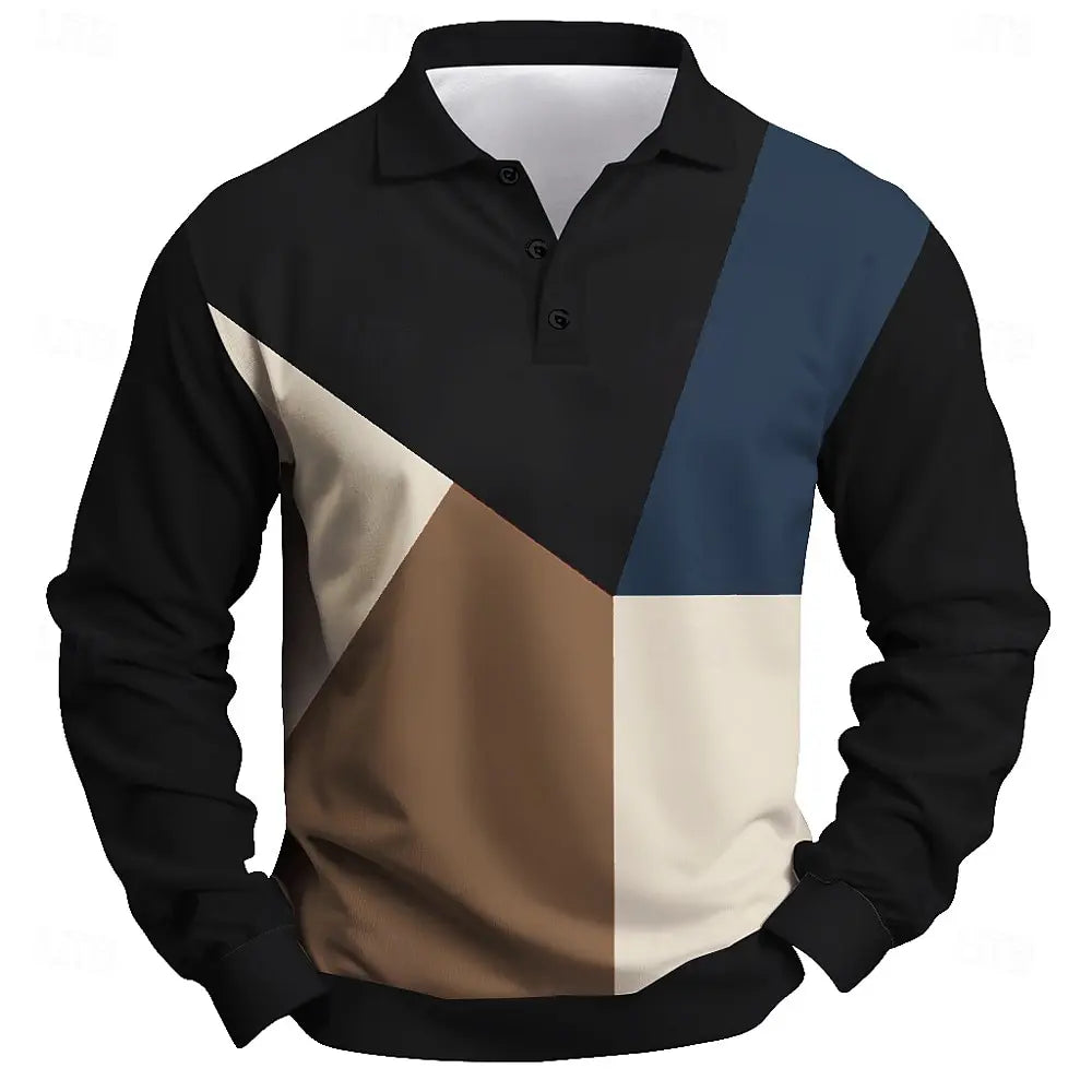 Men Color Block Long Sleeve Polo Shirt