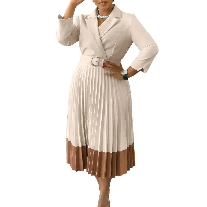 Women's Pleated Midi Dress - High Waist Belt Office Dress