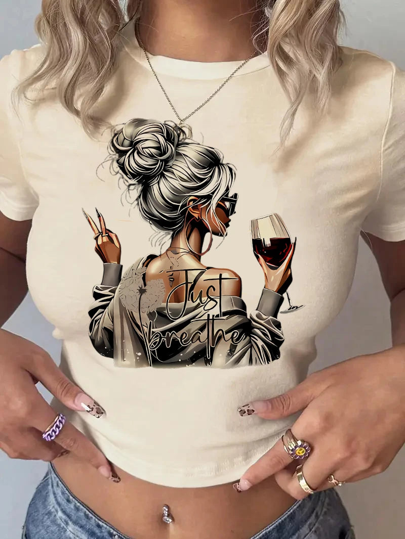 Women's Artistic Wine Print Crop Top - Chic Short Sleeve T-Shirt