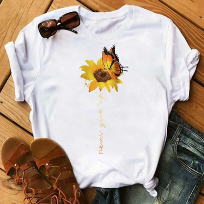 Women's Sunflower & Dragonfly Print T-Shirt - Oversized Summer Top