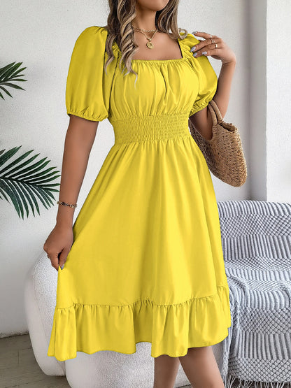 Women's Square Neck Maxi Dress - High Waist Ruffled Short Sleeve Dress